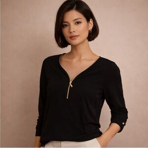 JM Collection Black Long Sleeve V-Neck Top with Gold Zip
